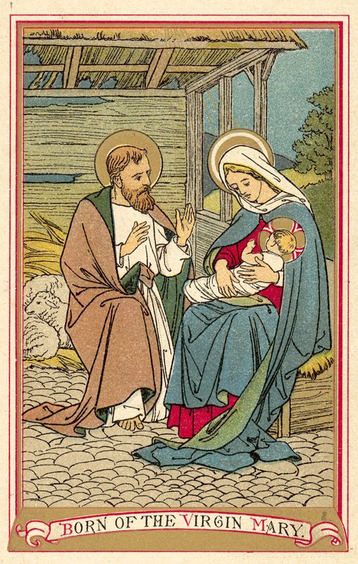 Født av jomfru Maria (farge litho) av English School