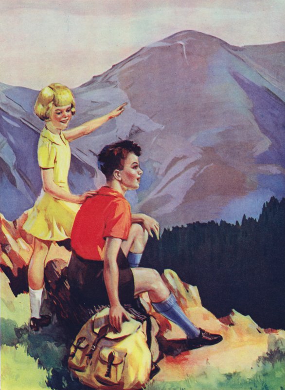 Gutt og jente på tur i fjellet (farge litho) av English School