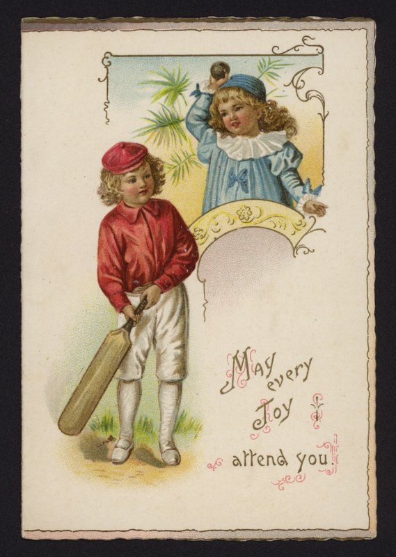 Gutt og jente spiller cricket, gratulasjonskort, sent på 1800- eller tidlig på 1900-tallet av English School