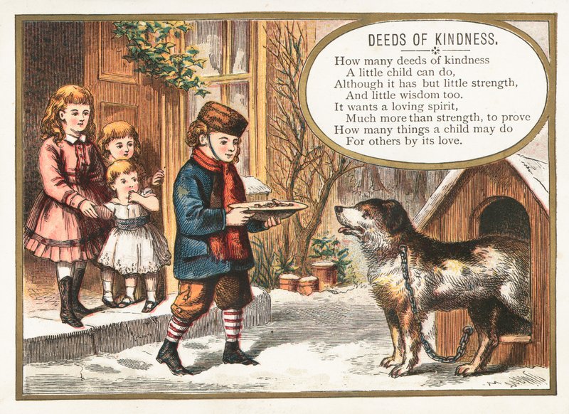 Gutt mater hund i kennel, julekort av English School