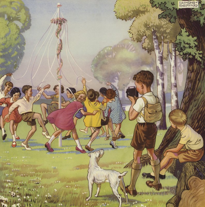 Gutt som filmer barn som danser rundt en mai-pol (farge litho) av English School