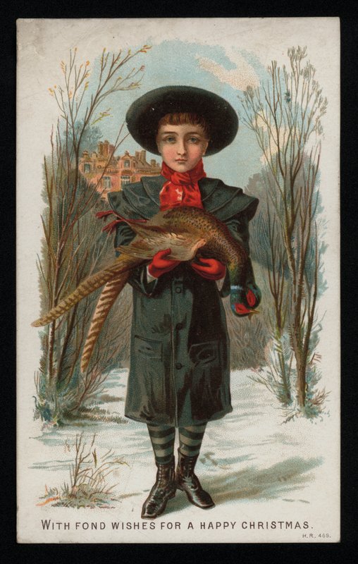 Gutt som holder en fasan, julekort. (chromolitho) av English School