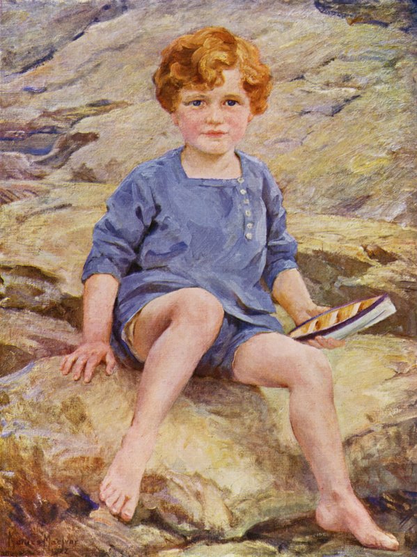Gutt leker i steinbassenger med en lekebåt (farge litho) av English School