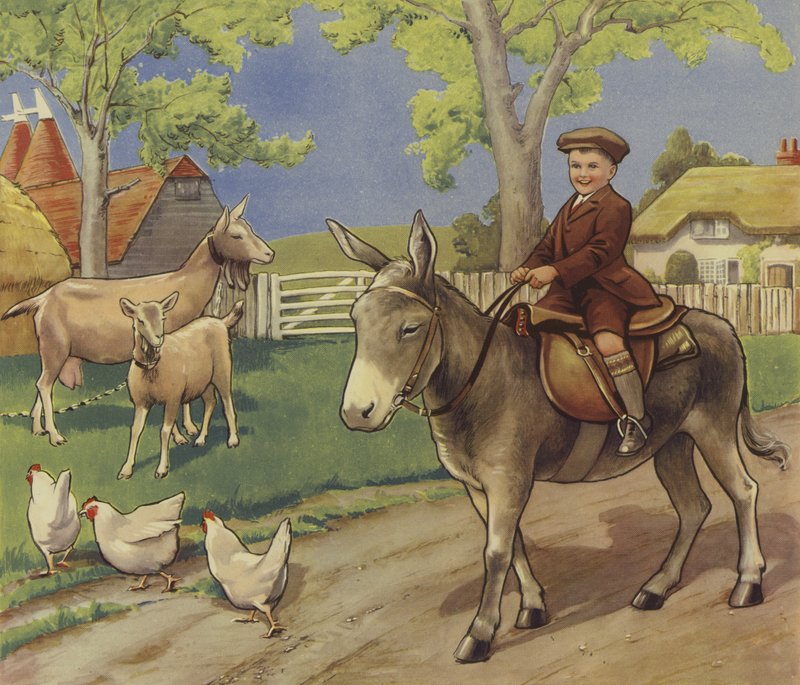 Gutt som rir på et esel på det engelske landskapet (farge litho) av English School