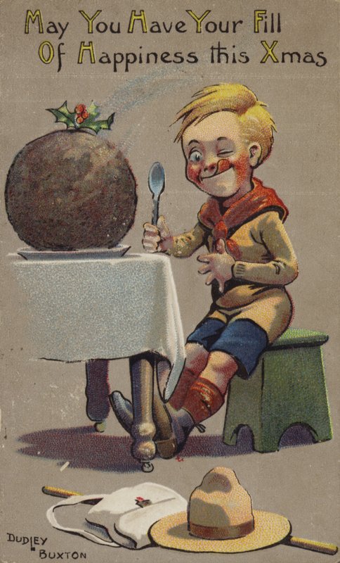 Speidergutt i ferd med å spise julepudding av English School