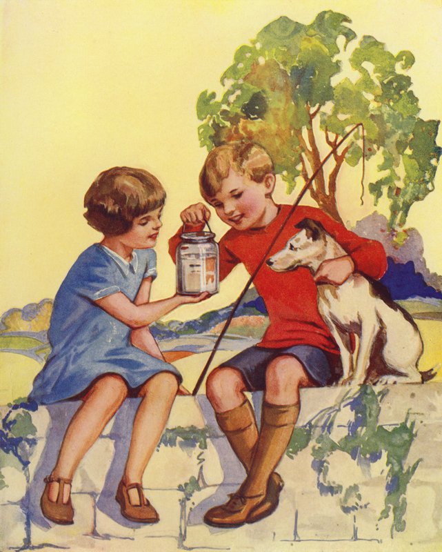 Gutt som viser frem de fem små fiskene han har fanget (farge litho) av English School