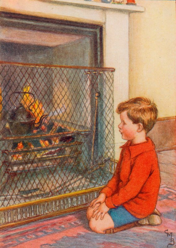 Gutt som venter på at en vannkoker skal koke (farge litho) av English School