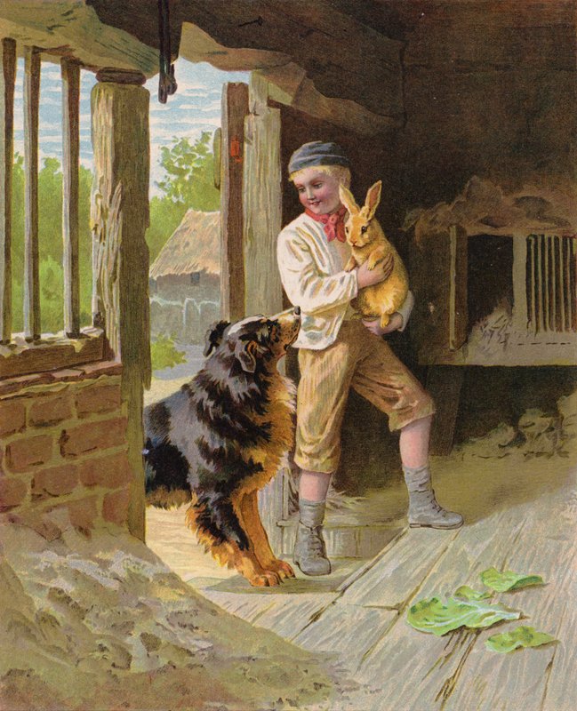 Gutt med en hund og en kanin på en gård (chromolitho) av English School