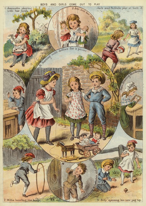 Gutter og jenter kommer ut for å leke (chromolitho) av English School