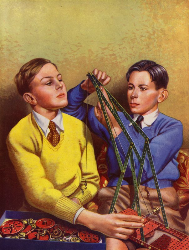 Guttebygg med et lekebyggesett (farge litho) av English School