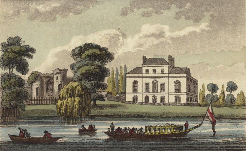 Brandenburg House, Hammersmith, London, hjemmet til Caroline av Brunswick, dronning av Storbritannia og fremmedgjorte kone til kong George IV (farget gravering) av English School