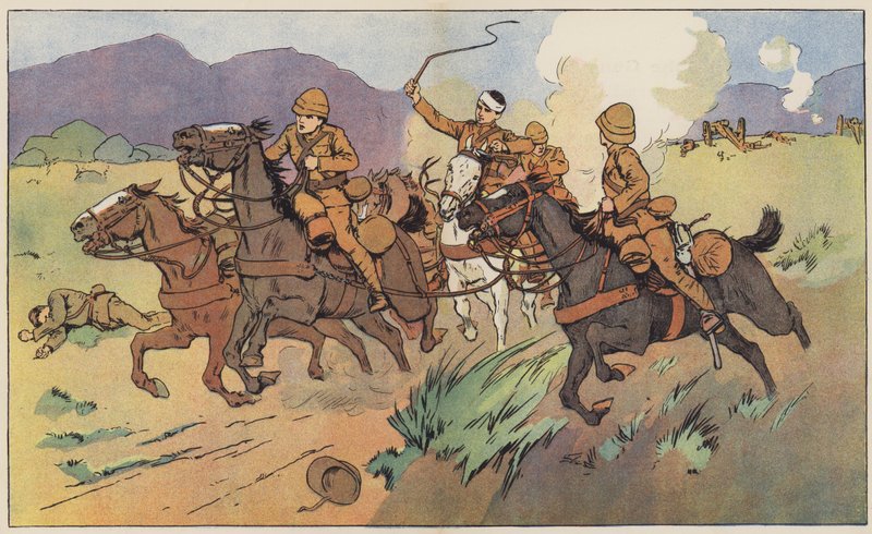 Modige soldater redder våpnene sine fra fienden (farge litho) av English School