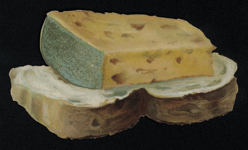 Brød og ost formet gratulasjonskort. (chromolitho) av English School
