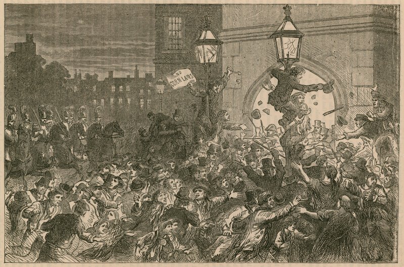 Brødopprør ved inngangen til Underhuset, 1815 av English School