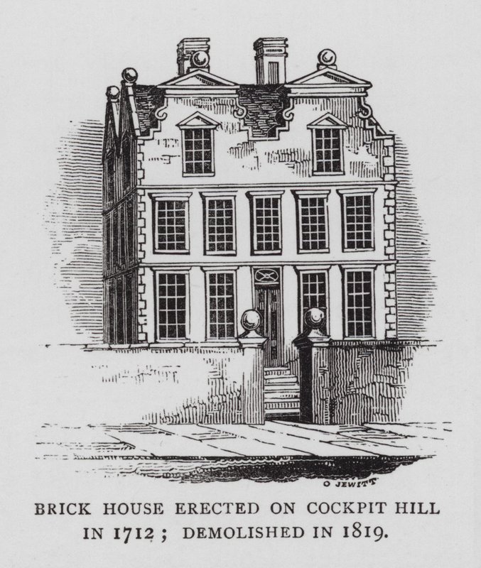 Brick House reist på Cockpit Hill i 1712; revet i 1819 (gravering) av English School