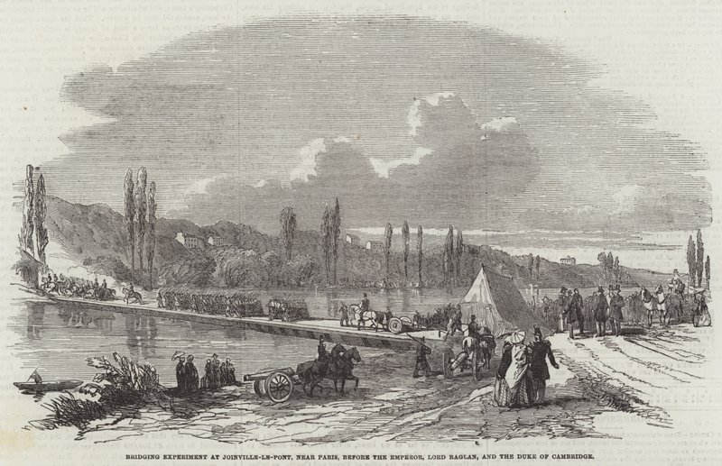 Broeksperiment i Joinville-le-Pont, nær Paris, før keiseren, Lord Raglan og hertugen av Cambridge (gravering) av English School