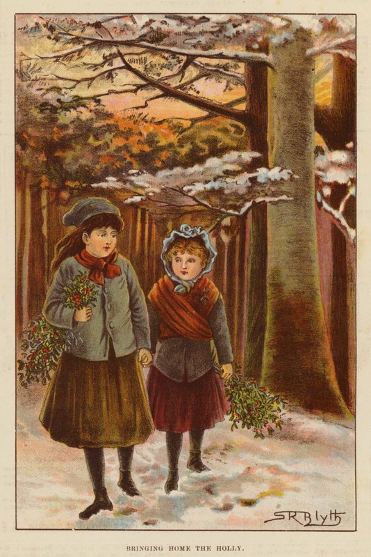Bringing Home the Holly (farge litho) av English School
