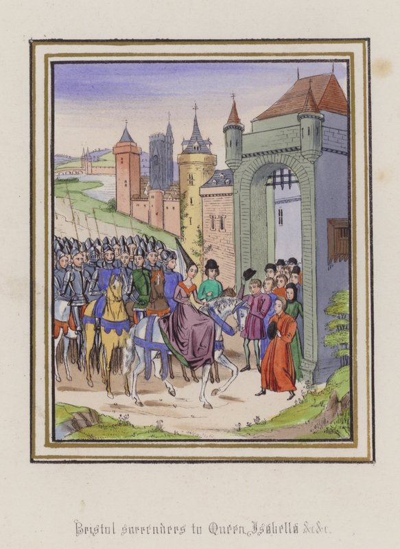 Bristol overgir seg til dronning Isabella (farget gravering) av English School
