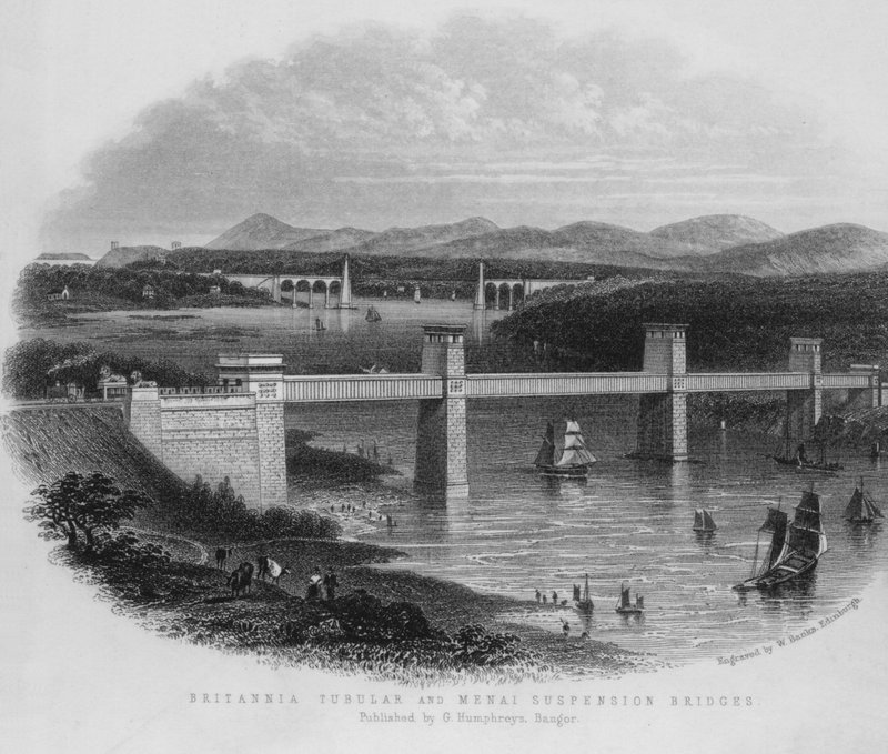 Britannia Tubular og Menai hengebroer (gravering) av English School