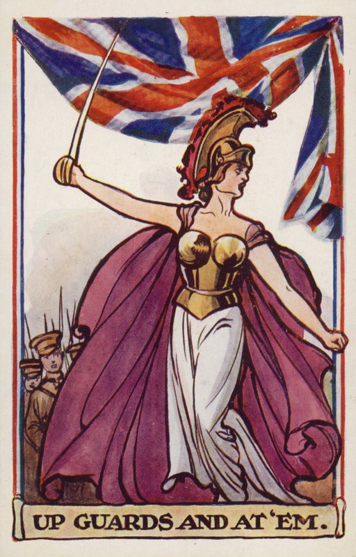 Britannia med soldater og unionsflagg (fargelitografi) av English School
