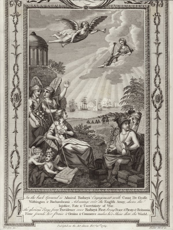 Den britiske admiralen George Rodneys seier over den franske flåten kommandert av Comte de Grasse i slaget ved Saintes, amerikansk uavhengighetskrig, 1782 av English School