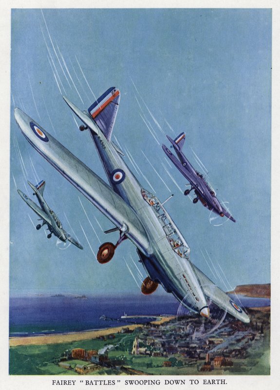 Britiske Fairey Battle lette bombefly dykker mot bakken (farge litho) av English School