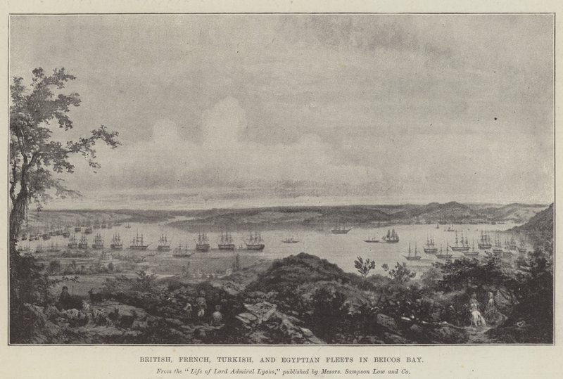 Britiske, franske, tyrkiske og egyptiske flåter i Beicos Bay (litho) av English School