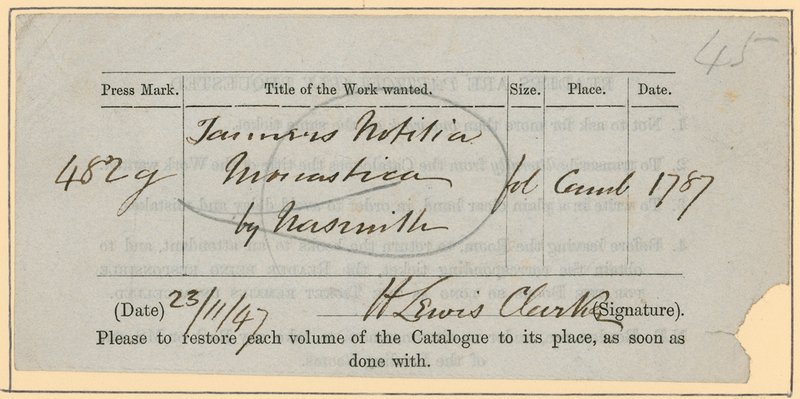 British Museum, Book Order Slip, 23. november [18?]47 av English School
