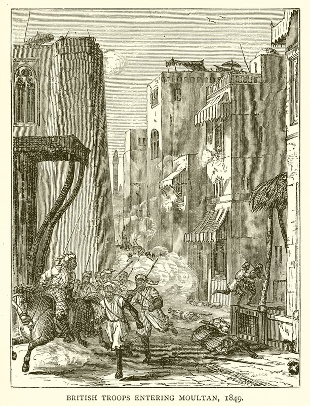Britiske tropper på vei inn i Moultan, 1849 av English School