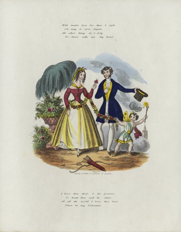 Britisk Valentine-kort med et bilde av en kjerub som trekker en kvinne sammen med en streng med blomster av English School