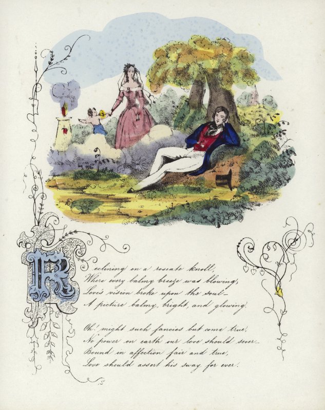 Britisk Valentine-kort med et bilde av en mann og en kvinne i en hage med en kjerub av English School