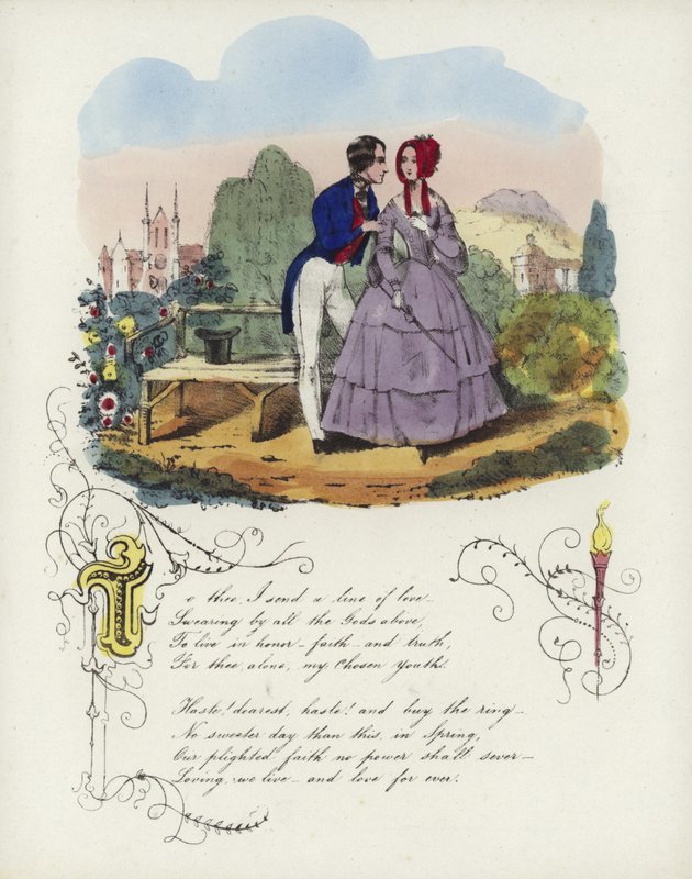 Britisk Valentine-kort med et bilde av en mann og en kvinne som går i en hage av English School