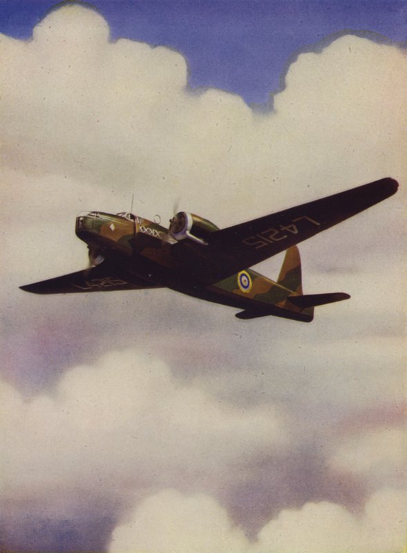 Britisk Vickers Wellington medium bombefly på flukt (farge litho) av English School