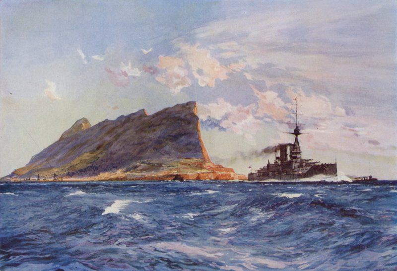 Britisk slagskip utenfor Gibraltar (farge litho) av English School