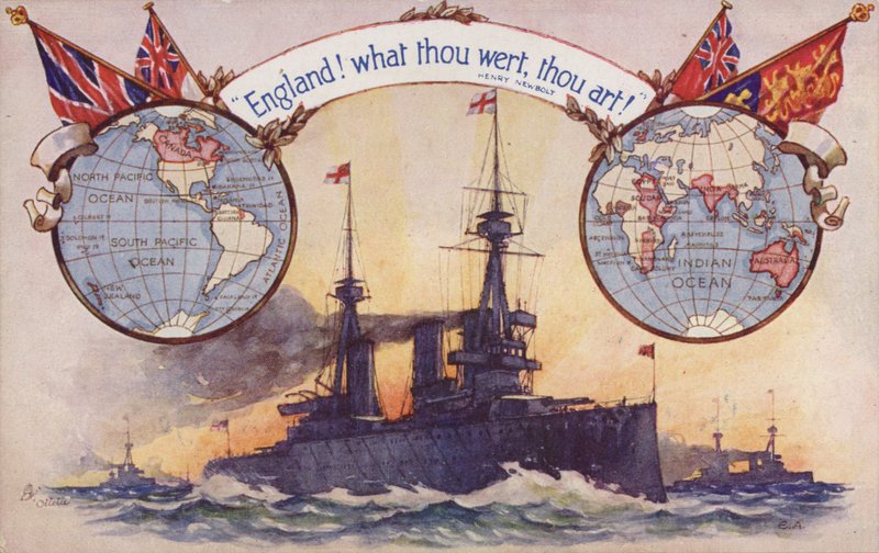 Britisk slagskip med kart og flagg fra det britiske imperiet (fargelitografi) av English School
