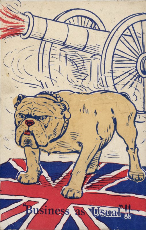 Britisk bulldog som står på unionsflagget og med en kanon som skyter (fargelitografi) av English School