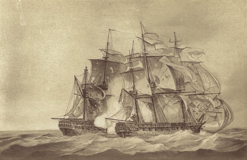 Den britiske fregatten HMS Santa Margarita, kommandert av kaptein Thomas Byam Martin, fanget den franske fregatten Thames, juni 1796 (litho) av English School