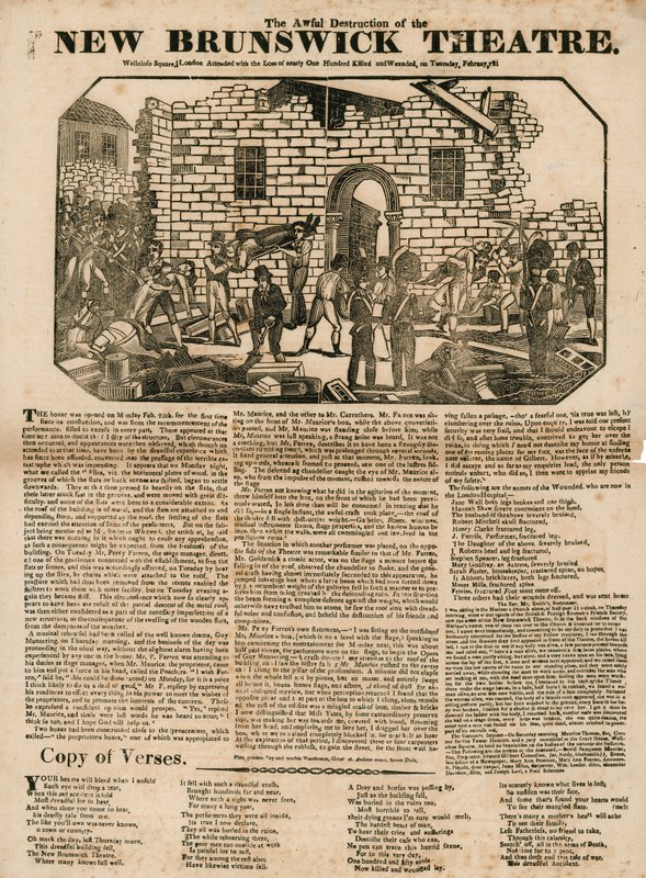 Broadsheet med The Awful Destruction of the New Brunswick Theatre, Wellclose Square, London av English School