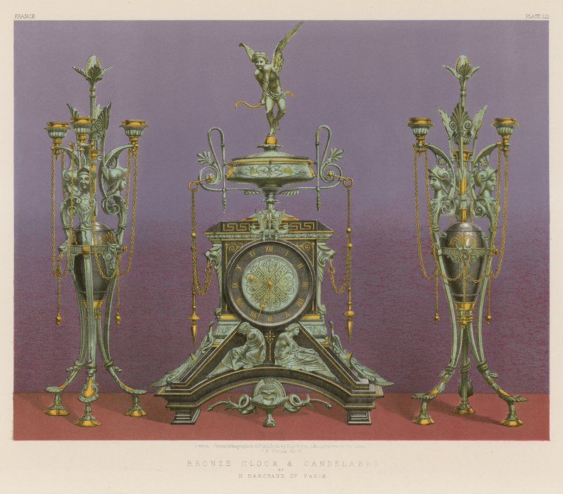 Bronseklokke og kandelaber av M Marchand fra Paris (chromolitho) av English School