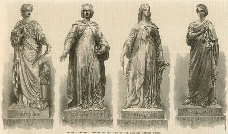 Bronseallegoriske statuer på pilarene til Farringdon Street Bridge (gravering) av English School