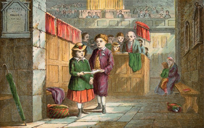 Bror og søster synger salmer i kirken av English School