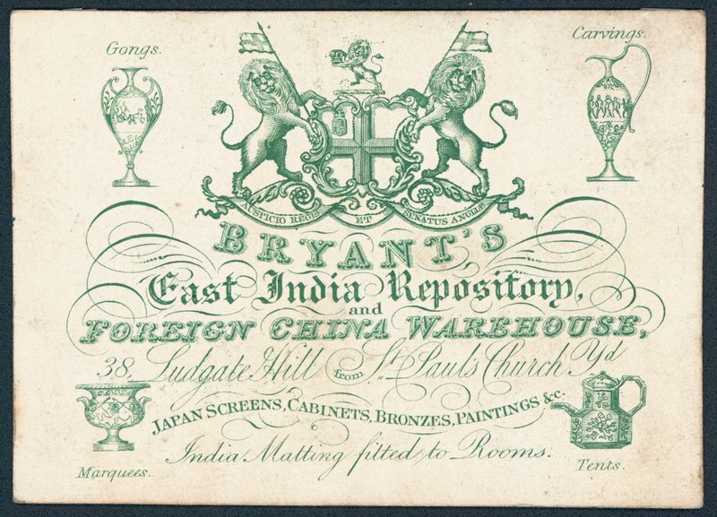 Bryants, East India Repository og utenlandsk Kina-lager, handelskort av English School