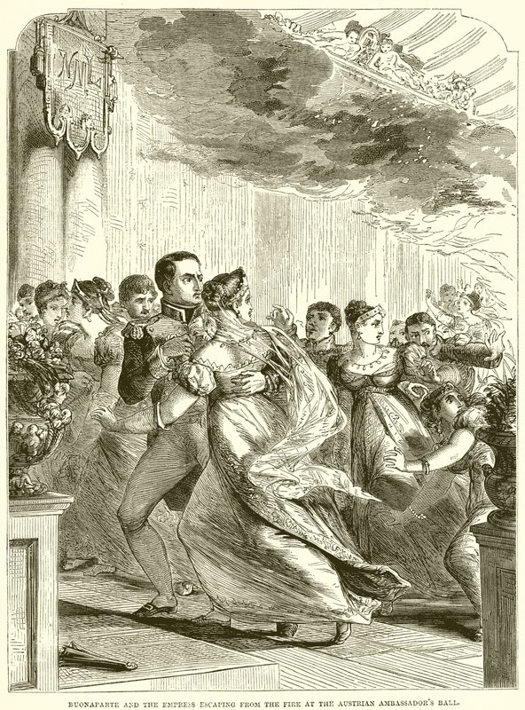 Buonaparte og keiserinnen rømmer fra brannen på det østerrikske ambassadørballet av English School