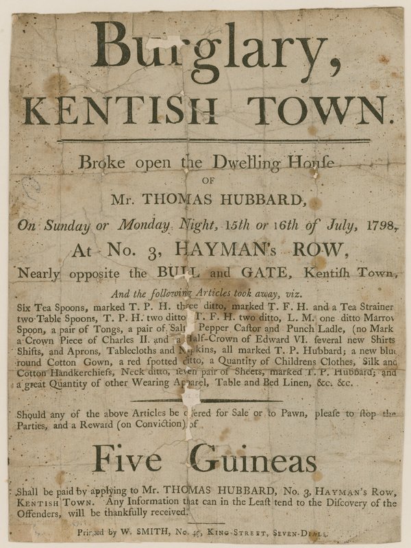 Innbrudd i Kentish Town i 1798. Belønning på £5 av English School