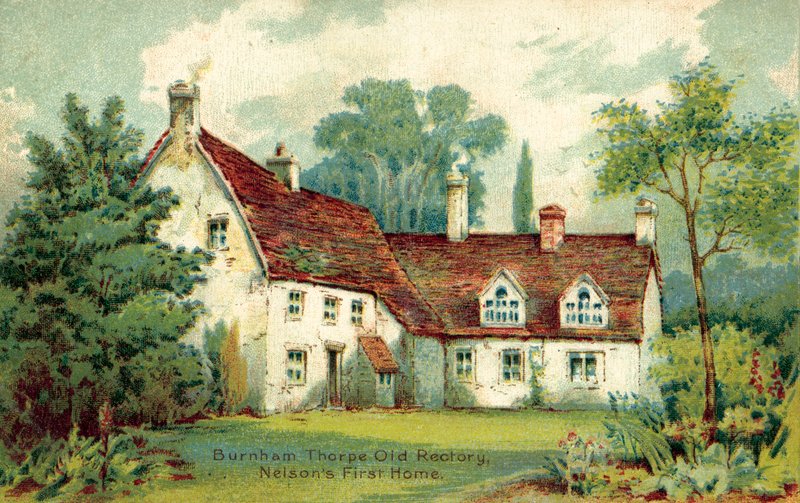 Burnham Thorpe, Old Rectory, Nelsons første hjem (farge litho) av English School