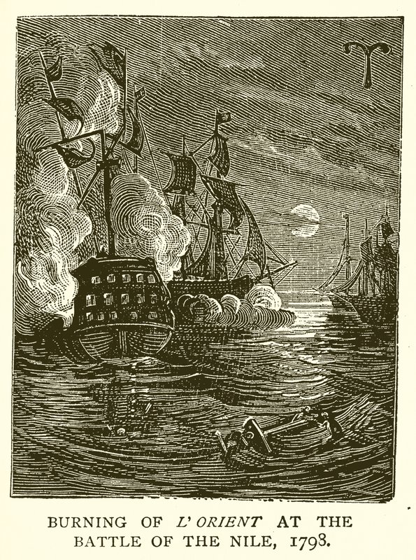 Brenning av LOrient i slaget ved Nilen, 1798 av English School