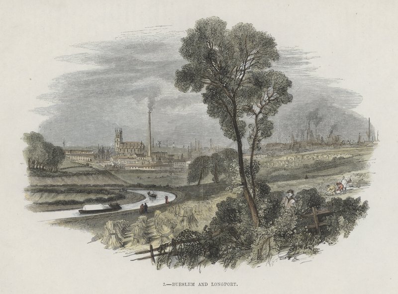 Burslem og Longport, Staffordshire (farget gravering) av English School