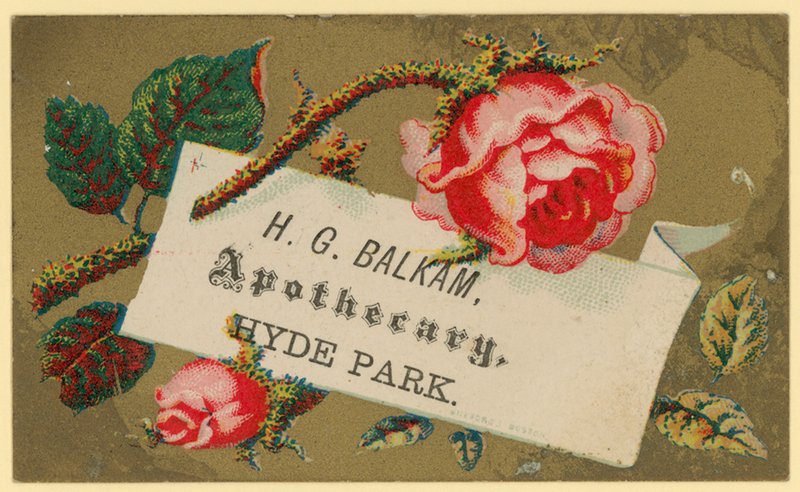 Visittkort for H G Balkam, Apothecary, Hyde Park (chromo) av English School