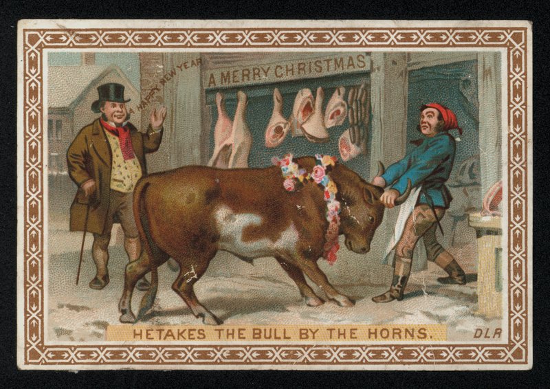 Slakter trekker en okse inn i butikken sin, julehilsen. (chromolitho) av English School
