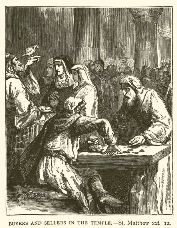 Kjøpere og selgere i templet, St Matthew, xxi av English School
